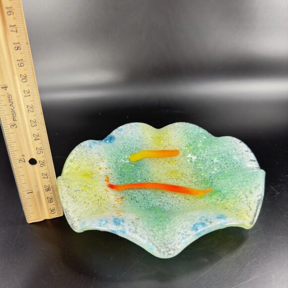 Hand Made Fused Art Glass Dish Plate Ruffled Edges Multicolor Glass Hand Crafted - Picture 7 of 16
